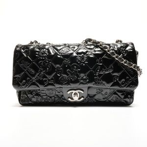 CHANEL Icon Motif Patent Leather Matelasse Chain 1 Shoulder Bag 2010-2011 Bla...